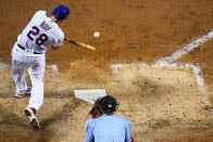 New York Mets' Darin Ruf hits a two-run single during the seventh inning of the team's baseball game against the Cincinnati Reds on Tuesday, Aug. 9, 2022, in New York. The Mets won 6-2. (AP Photo/Frank Franklin II)