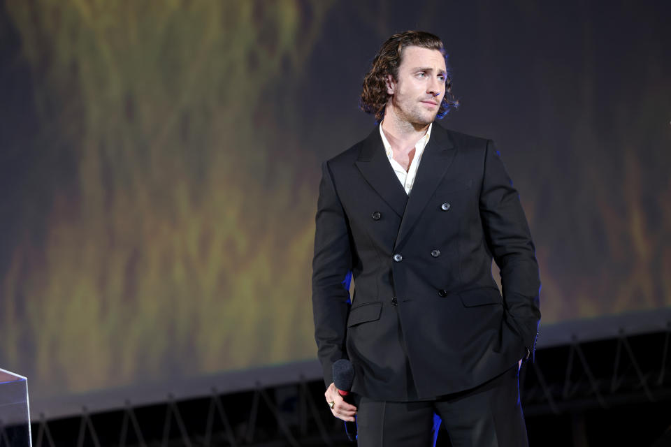 LOCARNO, SWITZERLAND - AUGUST 03: Aaron Taylor-Johnson speaks on stage during the Davide Campari Excellence Award Winner at the Locarno Film Festival 2022 on August 03, 2022 in Locarno, Switzerland. (Photo by Jacopo M. Raule/Getty Images for Campari)