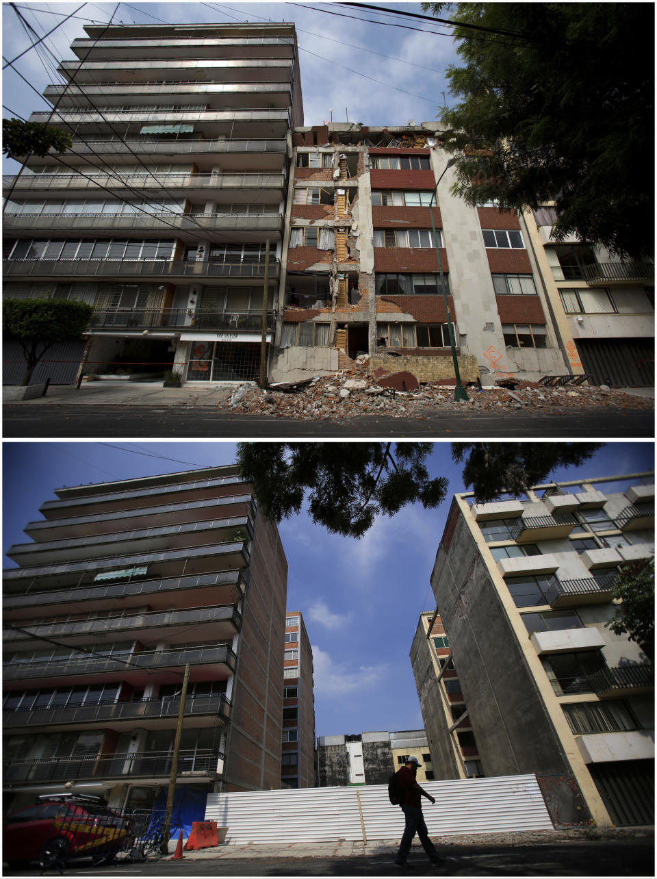 This photo combination shows the site at Patricio Sanz 37, where the lower floor of an apartment building collapsed in last year's 7.1 magnitude earthquake, one month after the quake on Oct. 18, 2017, top, and a year later, on Sept. 17, 2018, after the building had been demolished and the neighboring buildings, damaged in the collapse, were being repaired, in Mexico City. The slow pace of demolition, let alone rebuilding, is frustrating both to those who lost their homes and to those left living amid shattered eyesores that look like they could collapse at any time onto sidewalks and streets still cordoned off after the 2017 quake. (AP Photos/Rebecca Blackwell)