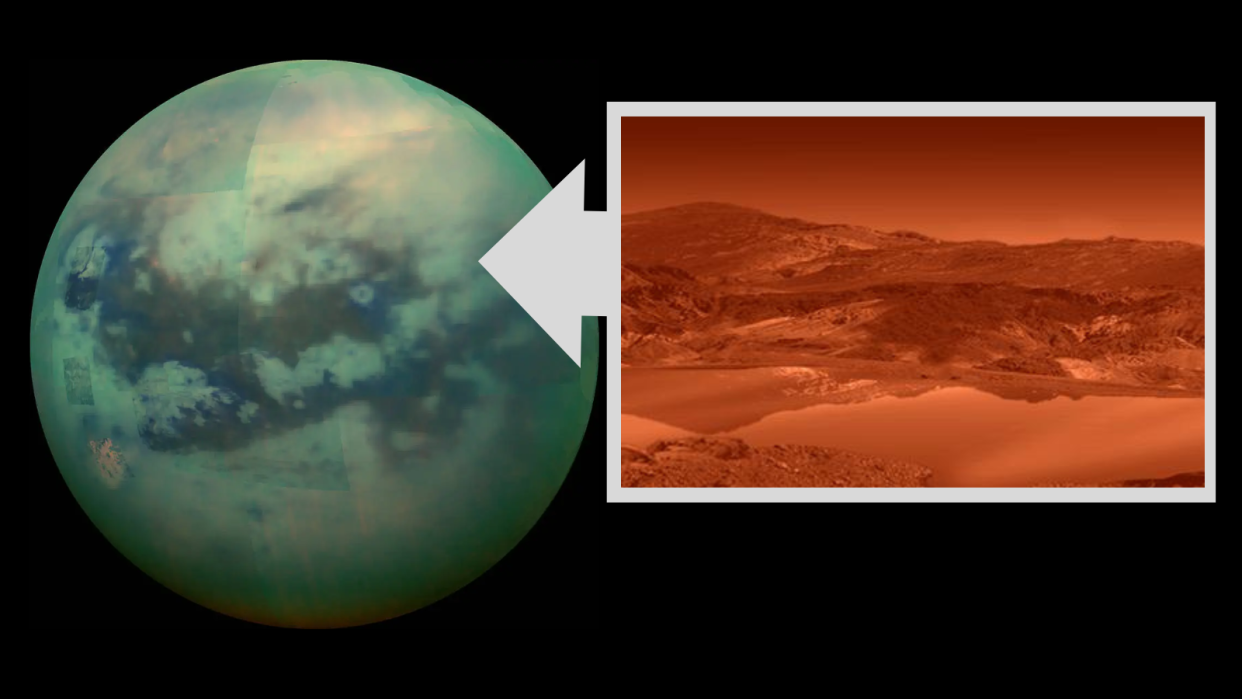  (Left) A view of saturn's moon Titan taken by cassini (Right) an illustration of the landscape of the large Saturnian moon. 