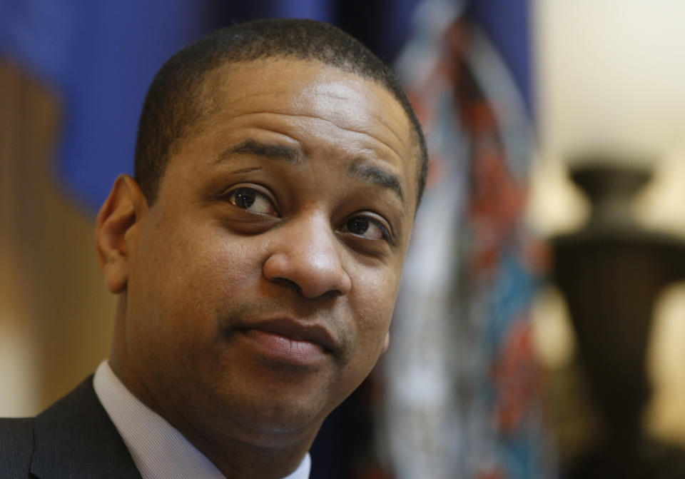 Virginia Lt. Gov. Justin Fairfax presides over the Senate session at the Capitol in Richmond, Va., Friday, Feb. 22, 2019. The chairman of the House Courts of Justice committee announced that they will hold a hearing on the sexual accusations that have been placed against Fairfax. (AP Photo/Steve Helber)