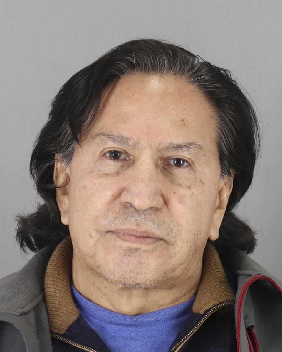 FILE - This booking photo released Monday, March 18, 2019, by the San Mateo County Sheriff's Office shows former Peruvian President Alejandro Toledo. A U.S. judge in San Francisco says, Toledo can be released on bail while he fights extradition to his native country to face corruption charges. U.S. District Judge Vince Chhabria ordered Toledo released from Santa Rita Jail but said the former president can't leave before Oct. 22, 2019, to give federal prosecutors time to file an appeal or find a different "detention arrangement." (San Mateo County Sheriff's Office via AP, File)