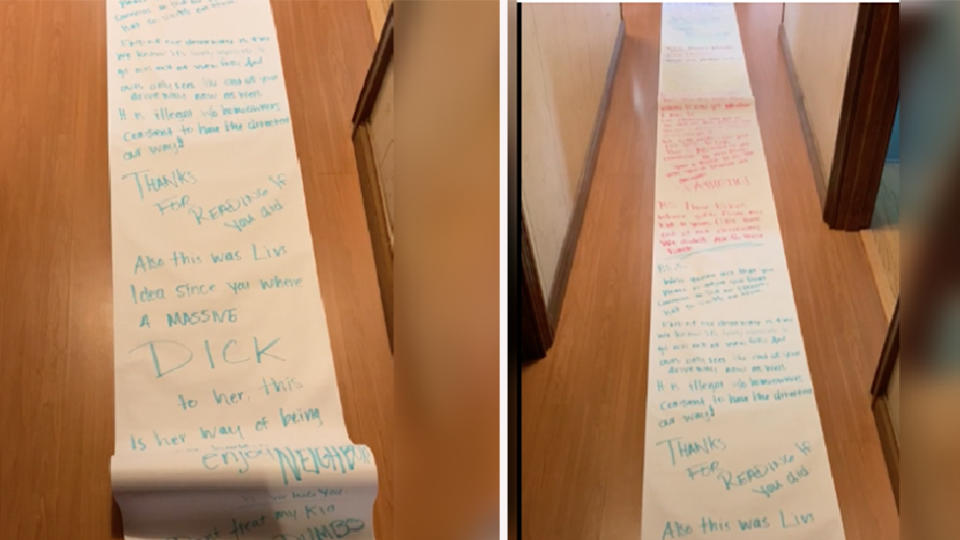 Side by side image of 15-metre long note addressed to neighbour 