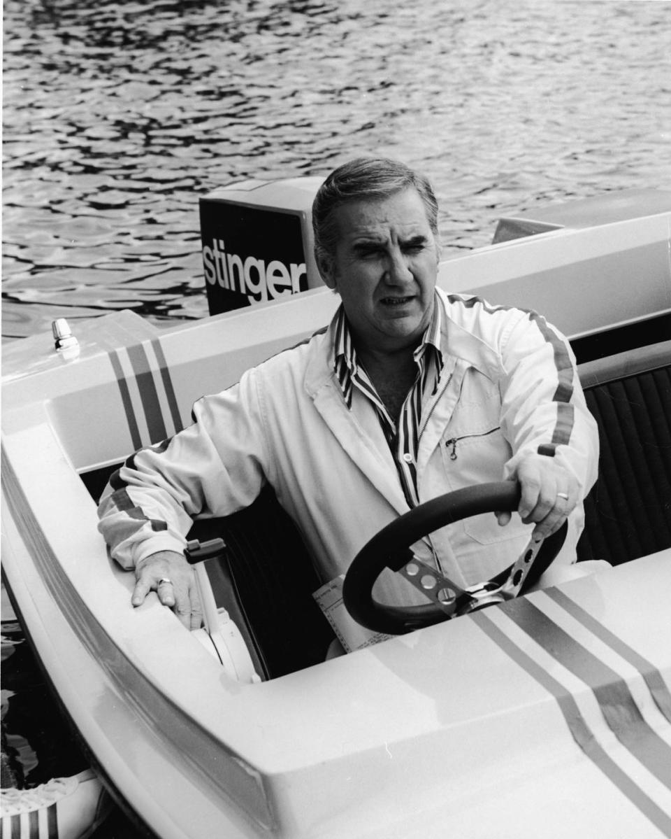 <p>Ed McMahon sits behind the steering wheel of a motorboat at Cypress Gardens, Florida, 1972.</p>