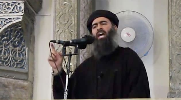 Abu Bakr al-Baghdadi, delivering a sermon at a mosque in Iraq.