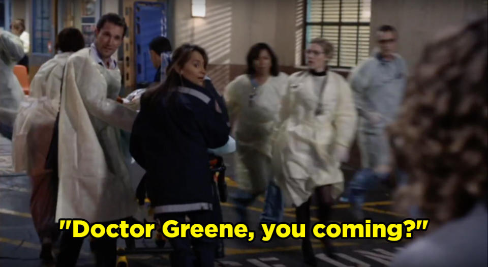 the group in the hospital as Carter asks, "Doctor Greene, you coming?"