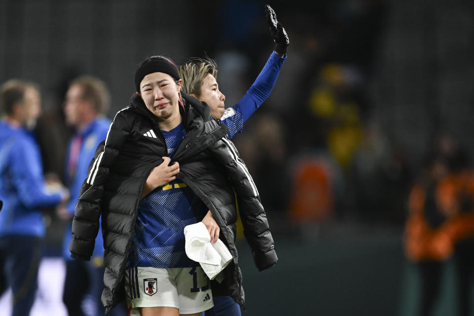 Japan's Jun Endo reacts as she leaves the field following their loss to Sweden in the Women's World Cup quarterfinal soccer match at Eden Park in Auckland, New Zealand, Friday, Aug. 11, 2023. (AP Photo/Andrew Cornaga)