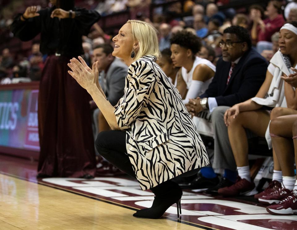 Seminoles Head Coach Brooke Wyckoff celebrates a basket as FSU women's basketball faces Duke at the Donald L. Tucker Civic Center in Tallahassee, Fla. on Sunday, Jan. 29, 2023.