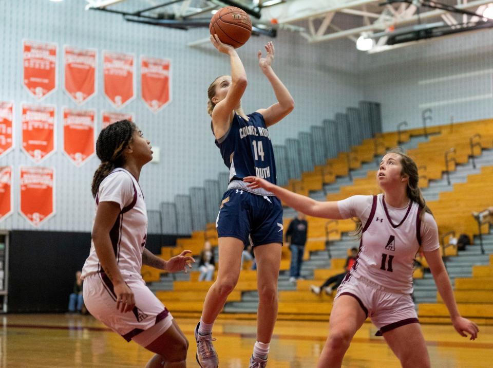 Abington's Maya Johnson (2) and Piper McGinley (11) against Council Rock South's Kathryn O'Kane (14) on a rebound during their girls basketball game in the Jim Church Classic at Souderton High School in Souderton on Friday, Dec. 1, 2023 [Daniella Heminghaus | Bucks County Courier Times]
(Credit: Daniella Heminghaus)