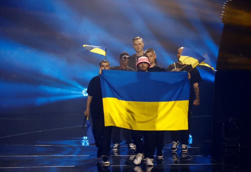 Ukraine’s Kalush Orchestra walk on the stage with the national  flag ahead of Friday’s dress rehearsal (REUTERS)