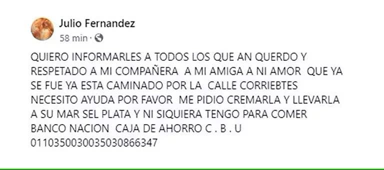 El desesperado pedido de Julio Fernández, viudo de Camila Perissé