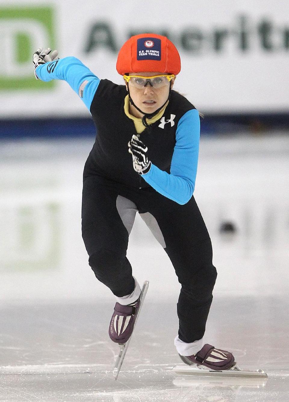 Jessica Smith competes in the women's 1,000 meters during the U.S. Olympic short track speedskating trials on Sunday, Jan. 5, 2014, in Kearns, Utah. (AP Photo/Rick Bowmer)