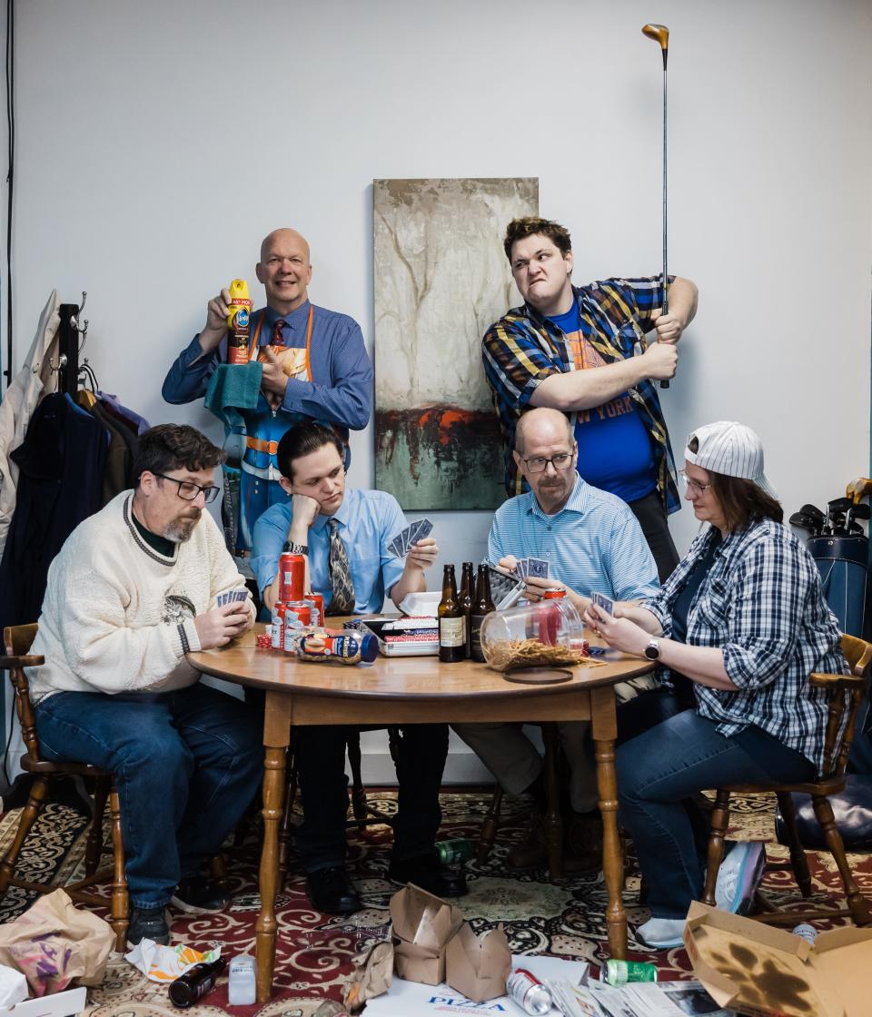 A modern adaptation of "The Odd Couple" will be shown beginning this weekend at Salem Community Theatre. Shows are at 7 p.m. Friday and Saturday and 2 p.m. Sunday. A second run is March 17-19. Front left to right seated are: Mike Benner, Jaden McFarland, Dan Betts and Athena Tausch. Standing left to right are: Dan Hudock and Kaleb Lovewell.