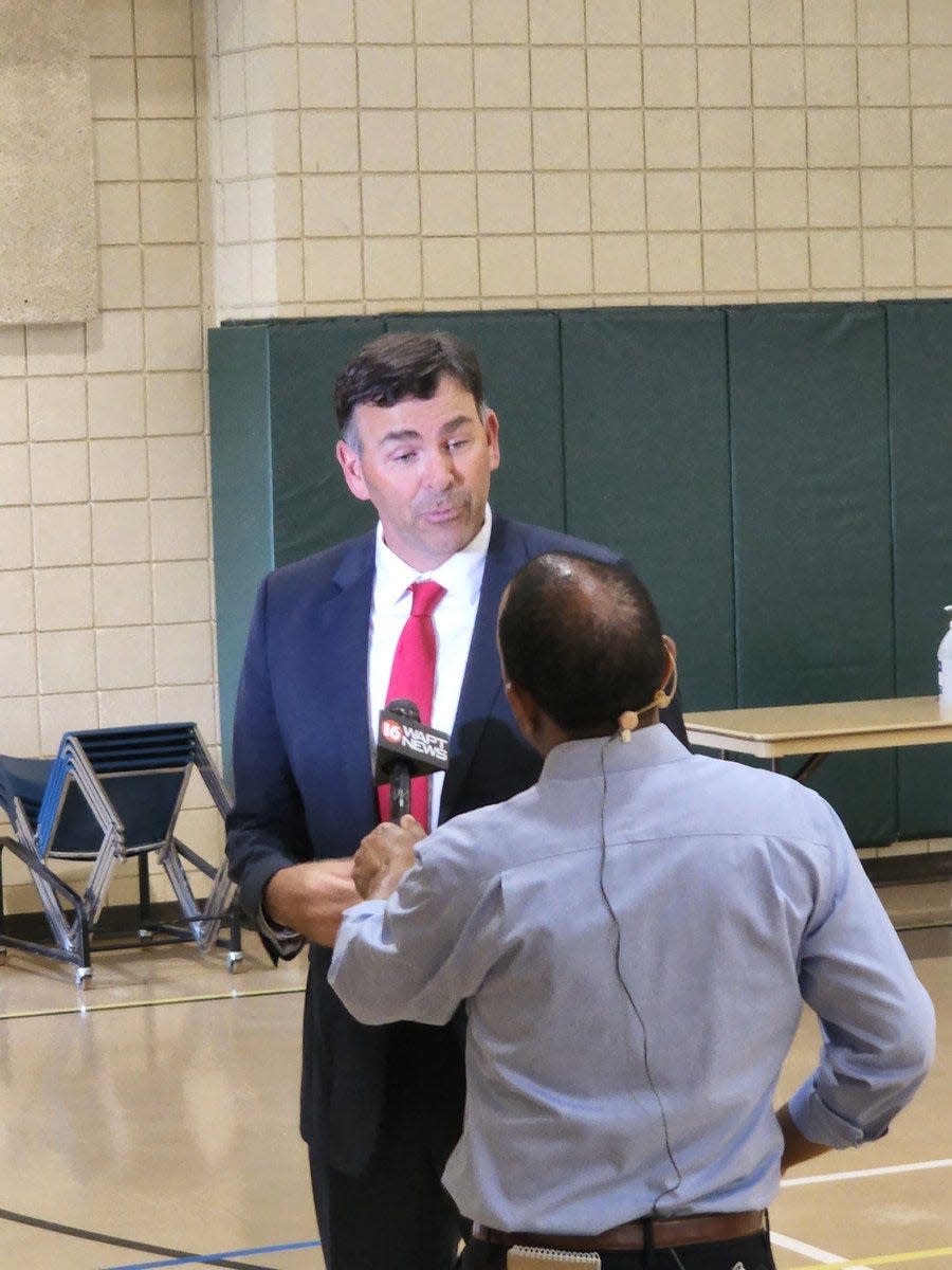 Mississippi Secretary of State Michael Watson talks to the media about low voter turnout during the Mississippi primary elections for U.S. House of Representatives, Tuesday, June 7, 2022, at Christ United Methodist Church in Jackson, Miss.