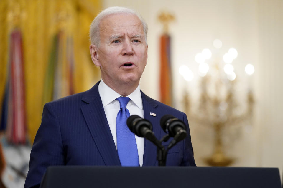 President Joe Biden speaks during an event to mark International Women's Day, Monday, March 8, 2021, in the East Room of the White House in Washington. (AP Photo/Patrick Semansky)