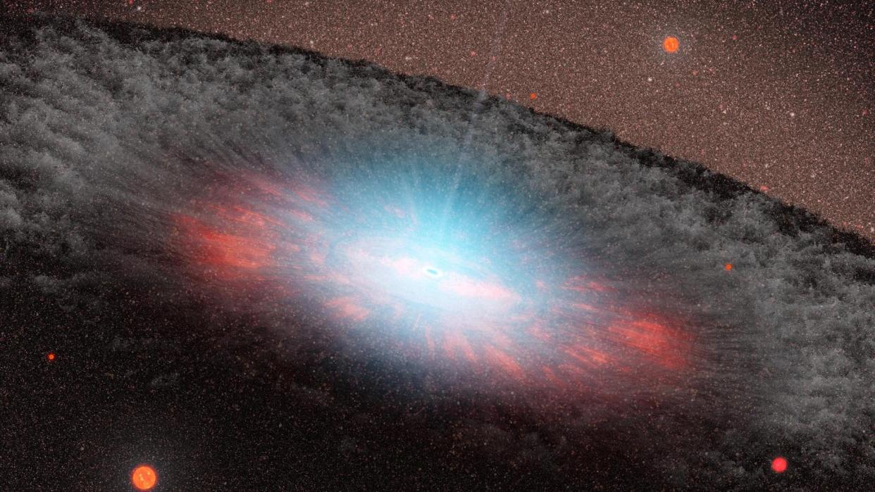  An illustration of a bright black hole at the center of a galaxy, surrounded by a dusty ring of rubble 