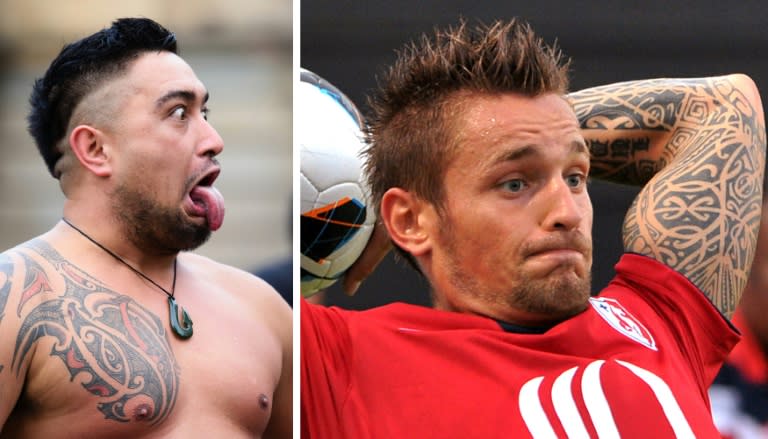 (Left) A member of the Ngati Ranana London Maori Club takes part in a haka; French football player Mathieu Debuchy sporting a traditional Maori tattoo