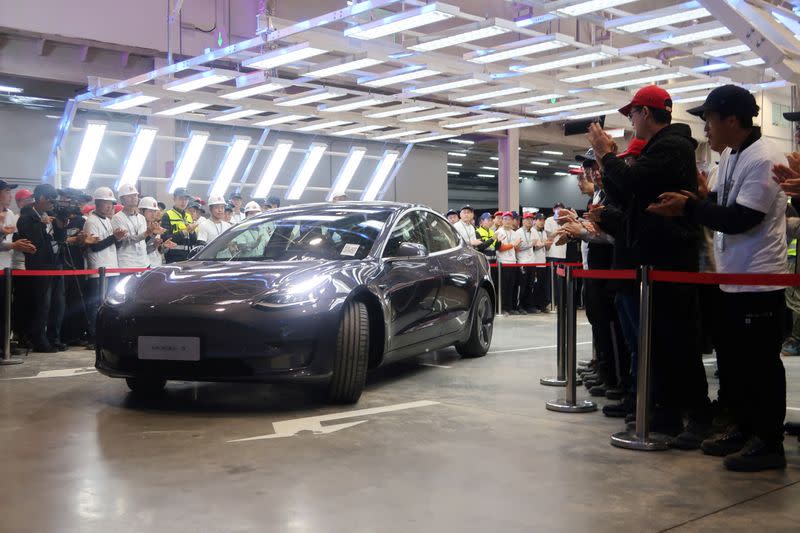 China-made Tesla Model 3 vehicle is seen at a delivery ceremony in the Shanghai Gigafactory of the U.S. electric car maker