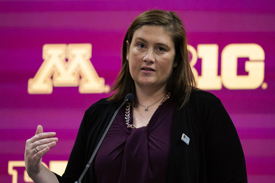 FILE - Minnesota women's head coach Lindsay Whalen speaks during the Big Ten NCAA college basketball media day in Indianapolis, Oct. 8, 2021. Whalen has decided not to remain in an administrative role at Minnesota following her dismissal as women’s basketball coach. (AP Photo/Michael Conroy, File)