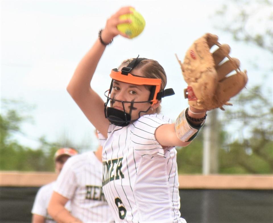 Herkimer College General Shelbi Hagues winds up to throw a pitch during Game 2 of the best-of-three Region III-A championship series against Jefferson Community College Thursday.