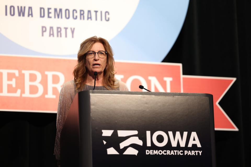 Iowa Democratic Party Chair Rita Hart speaks at the Iowa Democrats Liberty and Justice Celebration in November.
