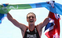 <p>Alistair Brownlee of Great Britain celebrates after winning the men’s triathlon at the Rio 2016 Summer Olympic Games, at Fort Copacabana. Valery Sharifulin/TASS (Photo by Valery SharifulinTASS via Getty Images) </p>