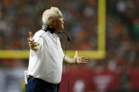 ATLANTA, GA - SEPTEMBER 17: Head Coach John Fox of the Denver Broncos yells on the field during their game against the Atlanta Falcons at the Georgia Dome on September 17, 2012 in Atlanta, Georgia. (Photo by Kevin C. Cox/Getty Images)