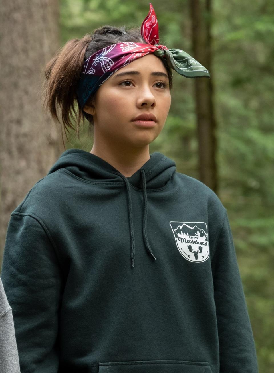 closeup of her character in a sweater and bandana on her head