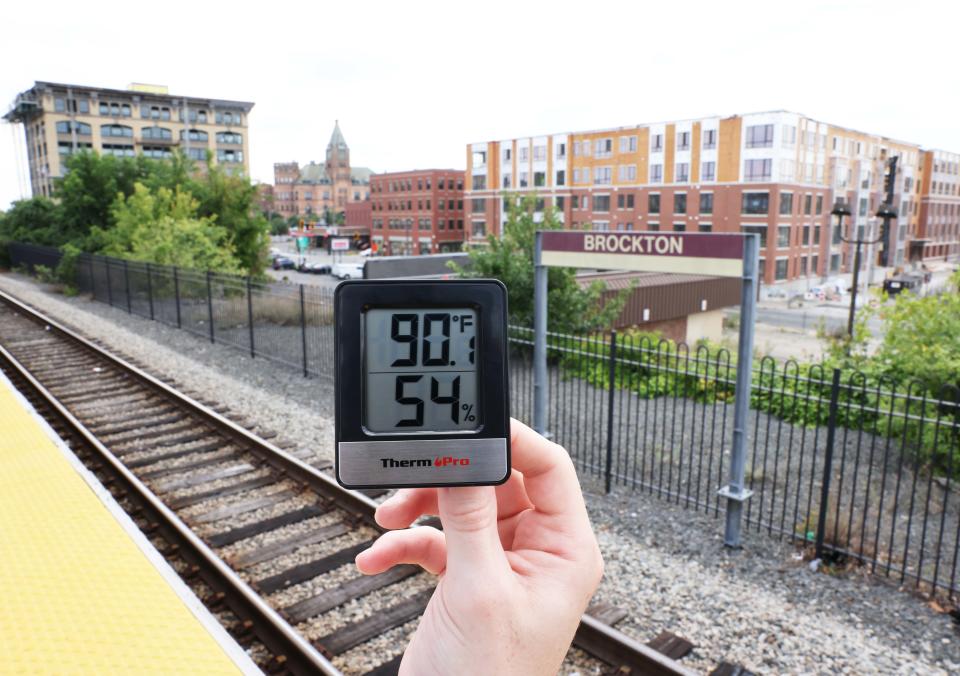 A temperature gauge records the temperature in downtown Brockton at 90.1 degrees Fahrenheit on Thursday, July 28, 2022.