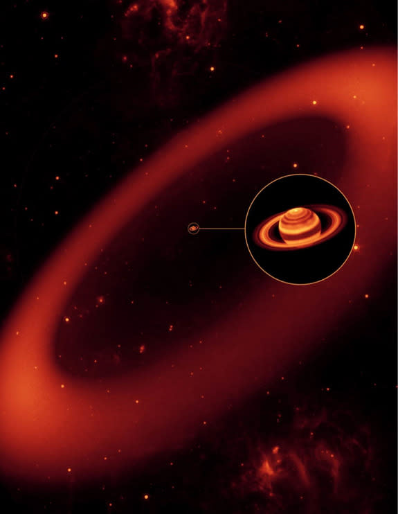This artist's conception shows how Saturn's giant Phoebe ring would appear as seen in infrared light. Here, the ring is set against a background of stars lit by faint nebulas.