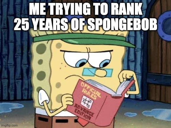 SpongeBob looks perplexed reading booklet