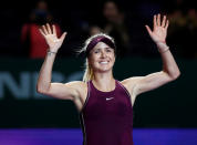 Tennis - WTA Tour Finals - Singapore Indoor Stadium, Kallang, Singapore - October 23, 2018 Ukraine's Elina Svitolina celebrates after winning her group stage match against Czech Republic's Karolina Pliskova REUTERS/Edgar Su