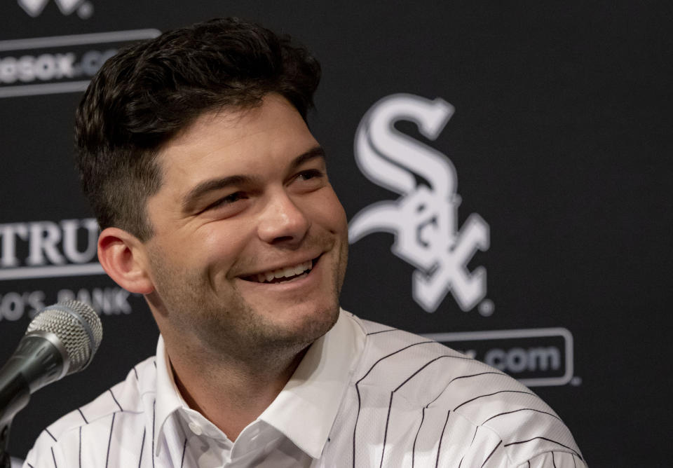 The White Sox introduce new outfielder Andrew Benintendi on Wednesday, Jan. 4, 2023 at Guaranteed Rate Field in Chicago. (Brian Cassella/Chicago Tribune via AP)