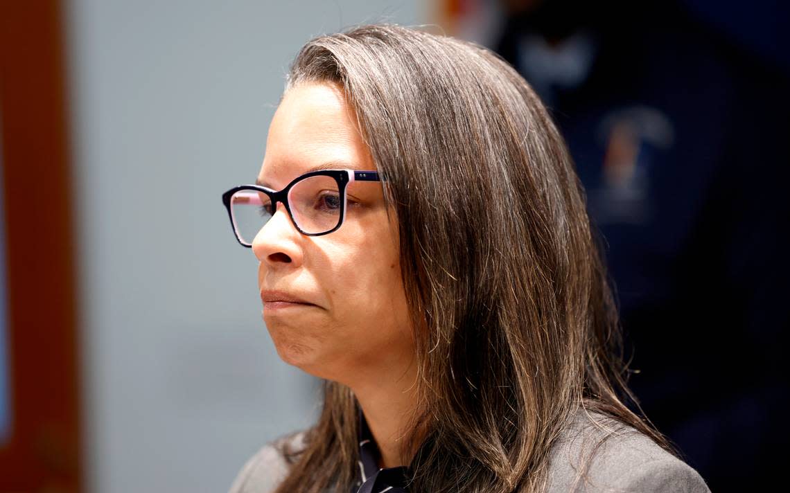 Durham Police Chief Patrice Andrews pauses during a press conference Friday, April 12, 2024. Chief Andrews spoke about the five people shot in Durham Thursday that included a 16-year-old boy who died at the hospital.