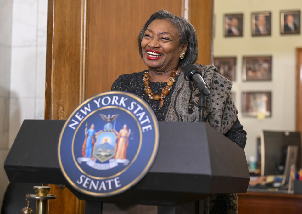 Senate Majority Leader, Andrea Stewart-Cousins, D-Yonkers, talks to reporters about a legislative pay raise vote during a news conference at the state Capitol Thursday, Dec. 22, 2022, in Albany, N.Y. New York legislators are set to give themselves a pay raise that would make them the nation's best-paid state lawmakers. (AP Photo/Hans Pennink).