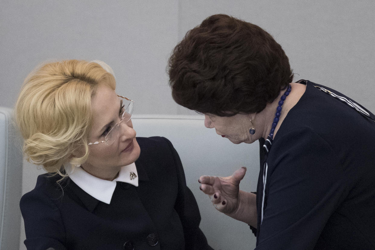 Deputy speaker of the state Duma Irina Yarovaya, left, and a member of the Communist Party faction Tamara Pletnyova talk before voting in the state Duma, the lower house of the Russian Parliament in Moscow, on Wednesday, Dec. 6, 2017. Pletnyova believes Russian women should not have sex with foreigners during the World Cup. (Photo: Pavel Golovkin/AP)