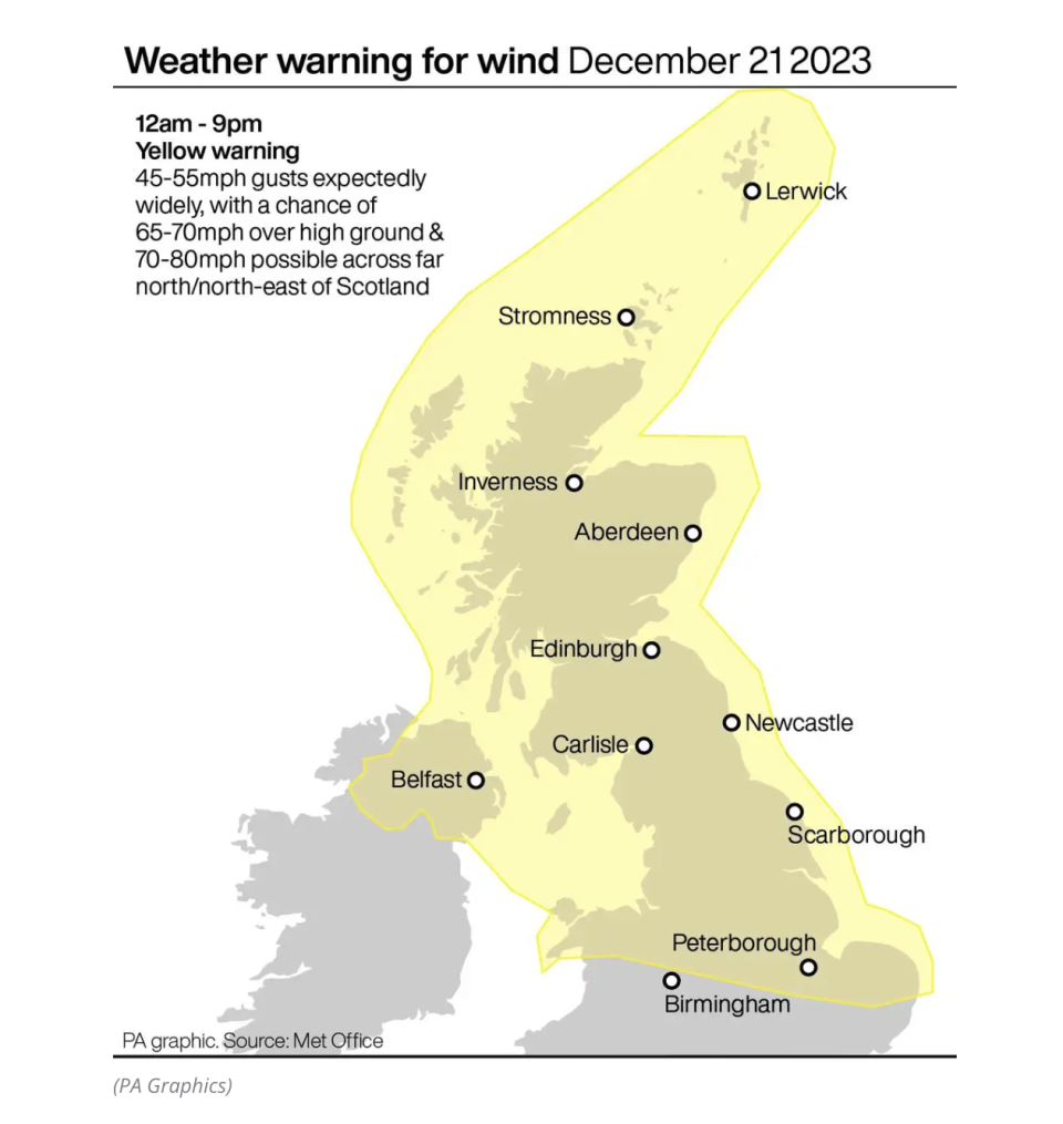 The Met Office has issued a yellow weather warning across much of the UK for Thursday as Storm Pia could bring winds of up to 80mph. (Met Office)