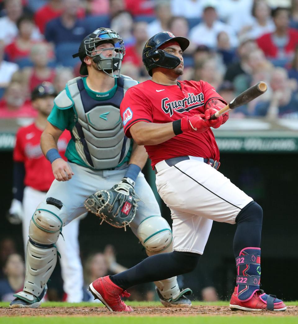 Cleveland Guardians first baseman Josh Naylor (22) watches his two-run homer during the fifth inning of an MLB game against the Seattle Mariners at Progressive Field, Wednesday, June 19, 2024, in Cleveland, Ohio.