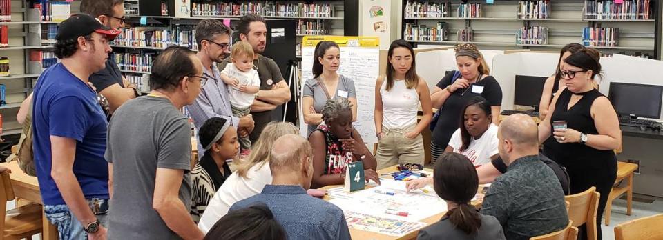 Wynwood Norte residents and property owners huddle with planning consultants during a public workshop in May at Jose de Diego Middle School.