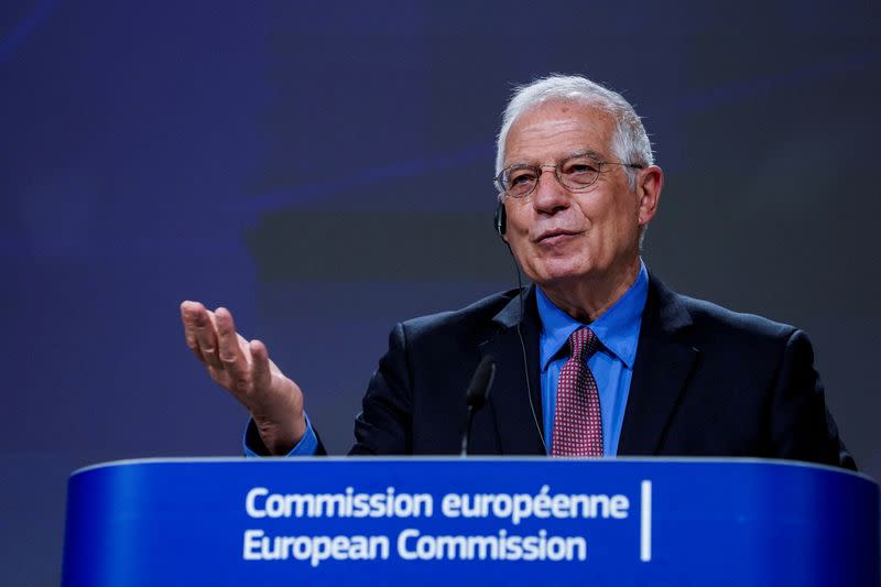 FILE PHOTO: European High Representative of the Union for Foreign Affairs, Josep Borrell gestures as he speaks during a video press conference on the 10th EU-China Strategic Dialogue, at the European Commission in Brussels