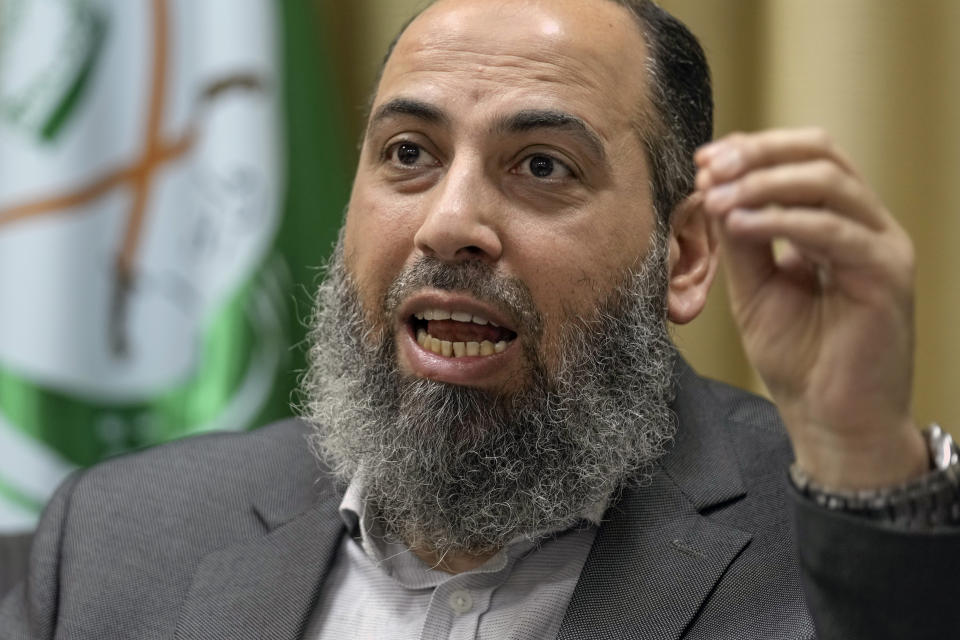 The Secretary-General of the Islamic Group Sheikh Mohammed Takkoush, speaks during an interview with The Associated Press in Beirut, Lebanon, Tuesday, March 26, 2024. Takkoush allied with Hamas and Hezbollah said Tuesday they are closely coordinating with both groups along the southern border with Israel where they have claimed responsibility for several attacks over the past months. (AP Photo/Bilal Hussein)