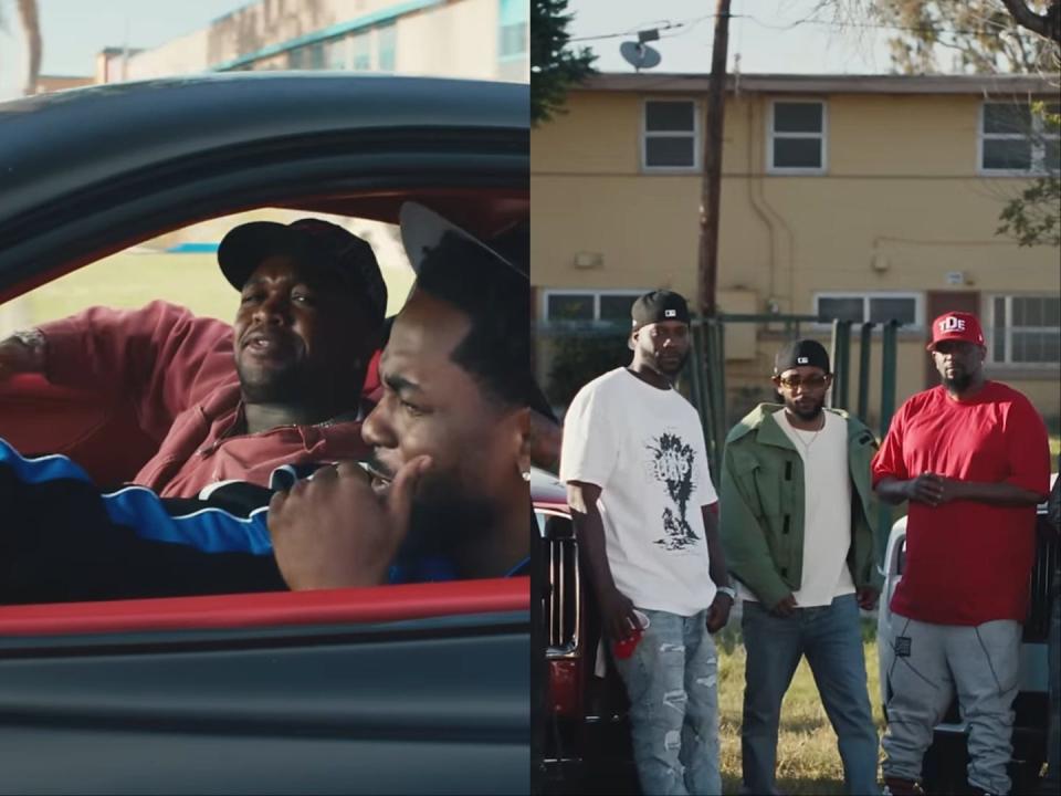 A composite image of Mustard (left) and Jay Rock, Kendrick Lamar, and Anthony Tiffith (right) in the "Not Like Us" music video.