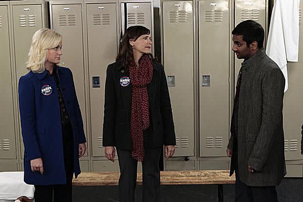 Photo courtesy of NBC Amy Poehler, Rashida Jones and Aziz Ansari in the episode 'The Comeback Kid' from 'Parks and Recreation' Season 4