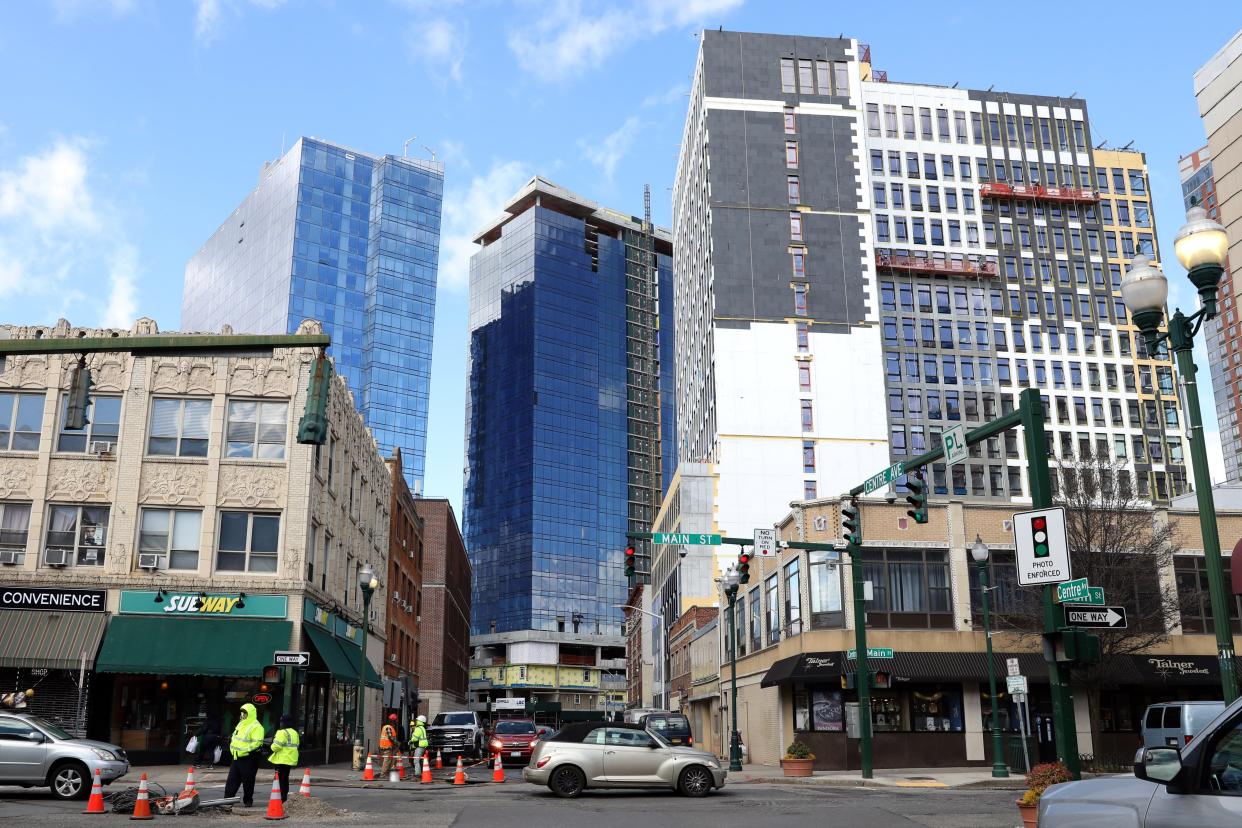 333 Huguenot Street, left, 327 Huguenot Street and 64 Centre Avenue, all new developments that are part of the changing skyline of downtown New Rochelle, Feb. 24, 2023.