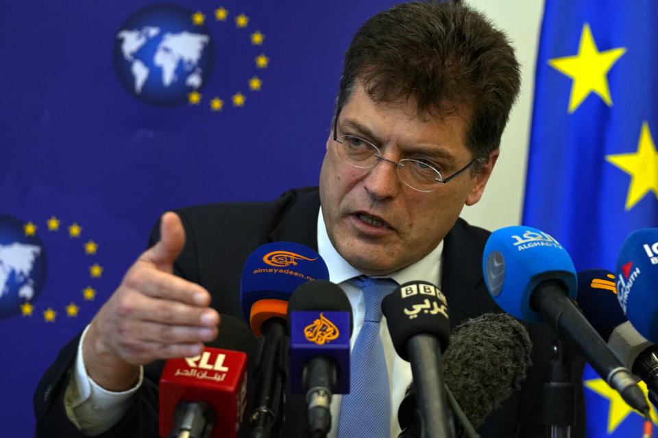 European Commissioner for Crisis Management Janez Lenarcic speaks during a press conference at the EU headquarters in Beirut, Lebanon, Friday, March 31, 2023. Lenarcic said Friday that the European Union will increase its humanitarian assistance to the crisis-struck country, but that more significant long-term aid is contingent on reforms and a deal with the International Monetary Fund. (AP Photo/Bilal Hussein)