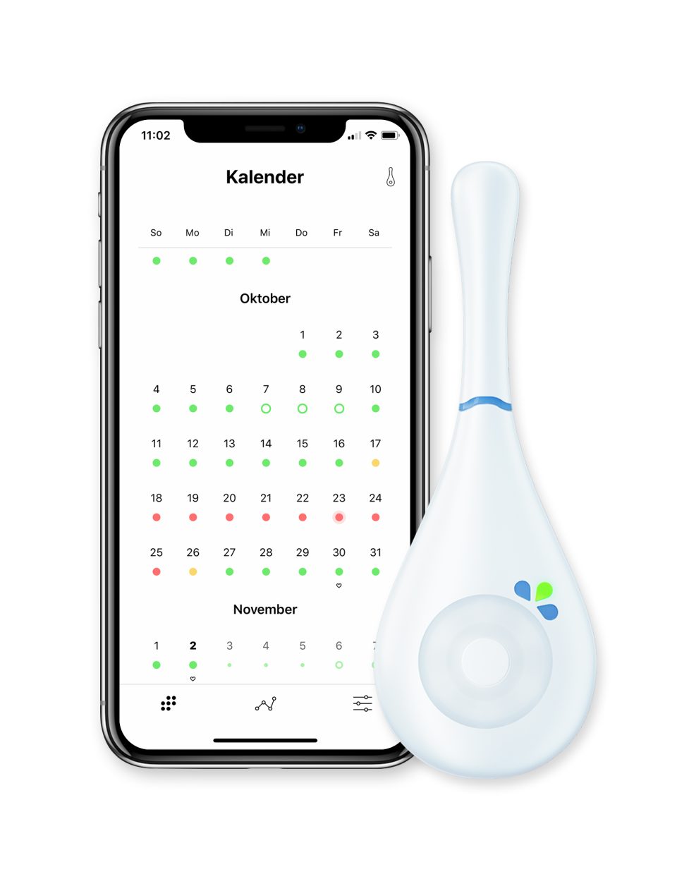 A white handheld Daysy fertility tracker sits near a smart phone.