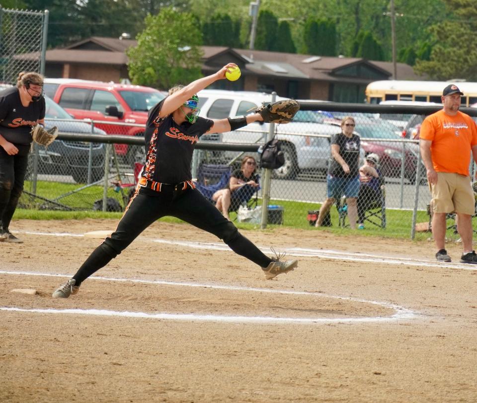 Aubrey Mealor of Sturgis sends a pitch toward the plate against Dowagiac on Friday afternoon.