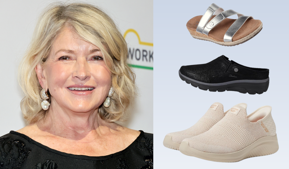 Martha Stewart / silver sandal, black clog and beige slip-on sneakers