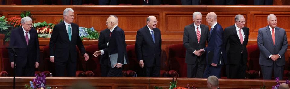 Leaders greet each other prior to the Sunday morning session of the 193rd Semiannual General Conference of The Church of Jesus Christ of Latter-day Saints at the Conference Center in Salt Lake City on Sunday, Oct. 1, 2023. | Jeffrey D. Allred, Deseret News