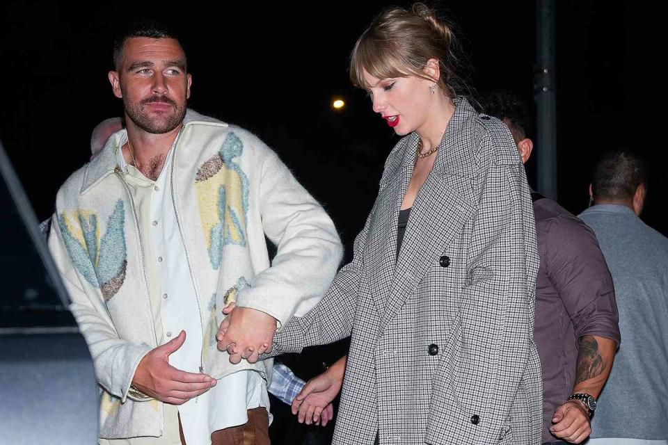 <p>Gotham/GC Images</p> Travis Kelce and Taylor Swift on October 15, 2023 in New York City